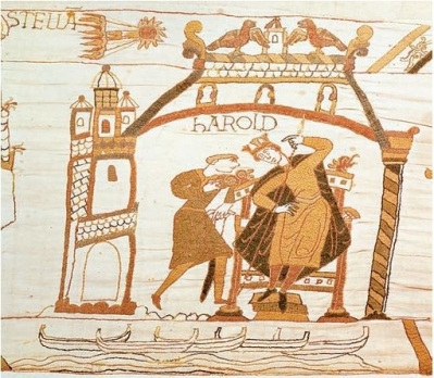 <strong>The Bayeux Tapestry is pictured here: Which astronomical event is featured in this picture?</strong> A) an eclipse B) the arrival of Haley's Comet C) a supernova D) collapse of a nebula