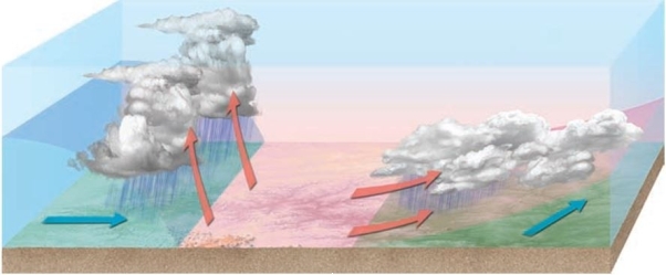 <strong>Consider the below diagram of a pair of fronts associated with a mid- latitude cyclone. What is true of this diagram?</strong> A) The front on the left is a warm front. B) The front on the right is faster moving. C) The front on the right has an easier time wedging ambient air out of the way. D) The rain in the front on the left will end sooner.