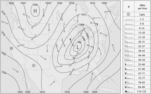 On the weather map below, describe the wind pattern and the relationship between the winds and isobars.