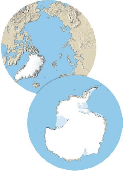 <strong>The picture below is a view of earth from the North Pole above. and one from the South Pole below.. It shows ice sheets covering Greenland and Antarctica. Why are ice sheets primarily found in these regions? </strong> A) These are places that have <u> not </u> yet been developed. In other locations, the ice has been cleared. B) They are the coldest regions of the globe. C) When the ice age ended, the ice did <u> not </u> melt back so much as migrated to these locations on ocean currents. D) They have numerous mountains, and the alpine glaciers coalesce.