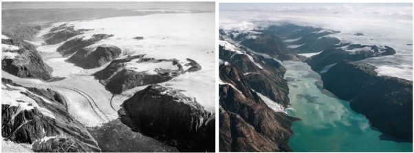 <strong>Note the two images below from the same location in Greenland in 1935 on the left. and 2013 on the right.. What can you conclude about how this landscape has changed during that time period?</strong> A) Sea level dropped between 1935 and 2013. B) The glacier retreated greatly between 1935 and 2013. C) The landscape has <u> not </u> changed significantly. D) The glacier was smaller in 1935.