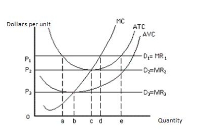 <strong>Exhibit 8.4 Refer to Exhibit 8.4,which shows the demand and the cost curves of a perfectly competitive firm.The firm will earn zero economic profit _____</strong> A)at a price of P<sub>1.</sub> B)at a price of P<sub>2.</sub> C)at a price of P<sub>3.</sub> D)at a price between P<sub>1</sub> and P<sub>2.</sub> E)at a price above P<sub>1.</sub>