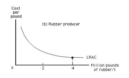 <strong>Exhibit 14.1 Refer to Exhibit 14.1,which shows the long-run average cost curve for a tire manufacturer and the long-run average cost curve for a rubber producer.Which of the following can be concluded from the information provided?</strong> A)The cost of producing rubber is much lower than the cost of producing tires. B)The total cost of producing 100,000 tires is lower than the total cost of producing 200,000 tires. C)The minimum efficient scale of producing rubber is 4 million pounds. D)The minimum efficient scale of producing tires is lower than 200,000 tires. E)The marginal cost of producing the 200,000th tire must exceed the average cost of 200,000 tires.