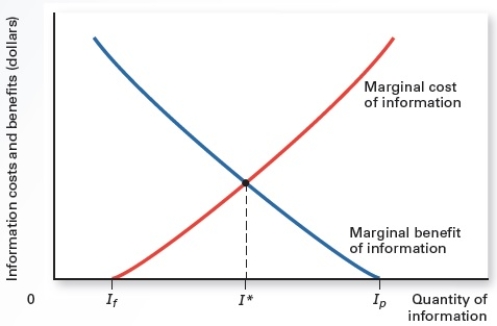 <strong>Exhibit 14.2 Refer to Exhibit 14.2,which shows the marginal cost and the marginal benefit of information curves.Where is the optimal quantity of information?</strong> A)I<sub>p</sub> B)I<sub>f</sub> C)I* D)greater than I* E)less than I*