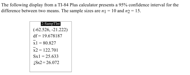 <strong> How many degrees of freedom did the calculator use?</strong> A) -0.439 B) -41.874 C) 19.678187 D) 80.827