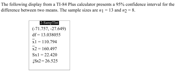 <strong> Fill in the blanks: We are 95% confident that the difference between the means is between _________ and _________.</strong> A) 22.420, 26.525 B) 110.794, 160.497 C) 0, 13.038055 D) -71.757, -27.649