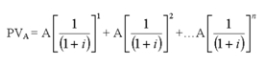 The present value of an annuity table provides a shortcut for calculating the future value of a steady stream of payments, denoted as A. The same value can be calculated directly from the following equation: