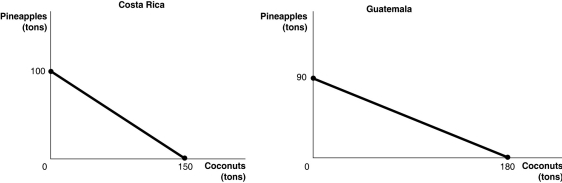 Figure 2-8 Figure 2-8 shows the production possibilities frontiers for Costa Rica and Guatemala.Each country produces two goods,pineapples and coconuts. -Refer to Figure 2-8.Which country has a comparative advantage in the production of pineapples?
