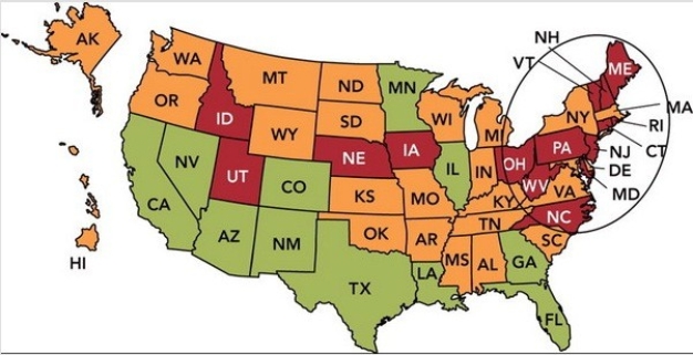 Marketing Dashboard Map -In the Marketing Dashboard Map above,the annual growth rate in each state is shown,with green (which looks gray on gray scale)meaning good and red (which looks black on gray scale)meaning very poor.If you were a marketing manager faced with this dashboard,which of the following would be the best action?