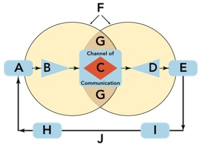<strong>Figure 17-1 Figure 17-1 above depicts the communication process,which consists of ten key elements (Boxes A through J).The position labeled G is referred to as</strong> A)decoding. B)noise. C)the fields of experience. D)response. E)feedback.