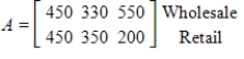 <strong>Let matrix A represent the sales (in thousands of dollars) for the Walbash Company in 2004 in various cities, and let matrix B represent the sales (in thousands of dollars) for the same company in 2005 in the same cities. Write the matrix that represents the total sales by type (wholesale and retail) and city (Chicago, Atlanta, and Memphis) for both years. ; </strong> A) B) C) D) E)