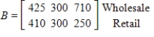 <strong>Let matrix A represent the sales (in thousands of dollars) for the Walbash Company in 2004 in various cities, and let matrix B represent the sales (in thousands of dollars) for the same company in 2005 in the same cities. Write the matrix that represents the total sales by type (wholesale and retail) and city (Chicago, Atlanta, and Memphis) for both years. ; </strong> A) B) C) D) E)