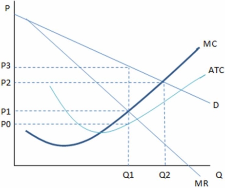 <strong>This graph shows the cost and revenue curves faced by a monopoly. According the graph shown,the profit-maximizing decision of the monopolist would be:</strong> A) Q1, P1. B) Q1, P3. C) Q2, P2. D) Q1, P2.