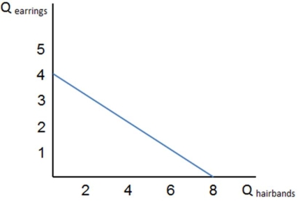 <strong> Assume Bridget's budget constraint is shown in the graph shown.If she has $48 to spend on these two items,then earrings must cost:</strong> A) $8. B) $6. C) $4. D) $12.