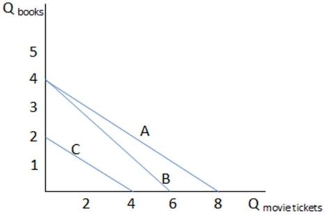 <strong> Assume Kara's budget constraint is represented by line A in the graph shown,and that her income to spend on these two items is $24.What would cause her budget constraint to move to B?</strong> A) The price of movie tickets falls to $4. B) The price of movie tickets increases to $4. C) The price of movie tickets falls to $6. D) The price of movie tickets increases to $6.