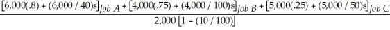 It can't be done; the production time required is 4,800 + 3,000 + 1,250 = 9,050 hours, which exceeds the 9,000 hours available. The setup time would need to be a negative one-sixth of an hour in order to meet the five machine limit. M =   = 5.00 5 × 1,800 = [4,800 + 150s] + [3,000 + 40s] + [1,250 + 100s] 9,000 - 4,800 - 3,000 - 1,250 = 290s -50 = 290s s = -.1724 hours