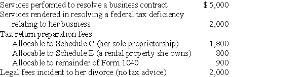 During the current year,Lucy,who has a sole proprietorship,pays legal and accounting fees for the following:   What amount is deductible for AGI?<div style=padding-top: 35px> 