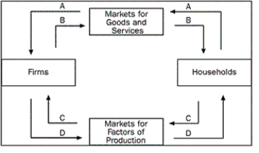<strong>Figure 2-1 Refer to Figure 2-1. Which arrow shows the flow of spending by households?</strong> A) arrow A B) arrow B C) arrow C D) arrow D