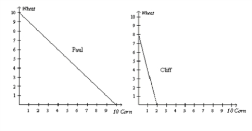 <strong>Figure 3-2 Refer to Figure 3-2. If Paul divides his time equally between corn and wheat, what will he be able to produce?</strong> A) 4 bushels of wheat and 1 bushel of corn B) 4 bushels of wheat and 5 bushels of corn C) 5 bushels of wheat and 4 bushels of corn D) 5 bushels of wheat and 5 bushels of corn
