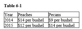 <strong> Refer to the Table 6-1. Suppose that the typical consumer basket consists of 5 bushels of peaches and 10 bushels of pecans and that the base year is 2014. What is the consumer price index for 2015?</strong> A) 80 B) 100 C) 125 D) 200