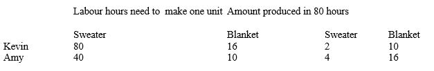 <strong>Table 3-3 Refer to Table 3-3.What does each of the two producers have an absolute advantage in</strong> A)Kevin has an absolute advantage in blankets, and Amy has an absolute advantage in sweaters. B)Kevin has an absolute advantage in sweaters, and Amy has an absolute advantage in blankets. C)Kevin has an absolute advantage in neither good, and Amy has an absolute advantage in both goods. D)Kevin has an absolute advantage in both goods, and Amy has an absolute advantage in neither good.