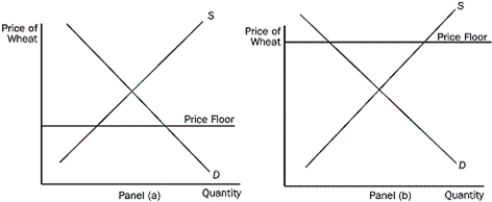 <strong>Figure 6-6 Refer to Figure 6-6.Which of the above figures represent a proper price control for the wheat market</strong> A)panel (a) B)panel (b) C)panel (c) D)panel (d)