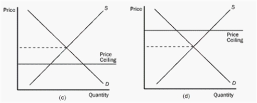 <strong>Figure 6-6 Refer to Figure 6-6.Which of the above figures represent a proper price control for the wheat market</strong> A)panel (a) B)panel (b) C)panel (c) D)panel (d)