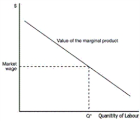 <strong>Figure 18-1 The figure represents the value of marginal product for a firm that sells its product in a competitive market. Refer to Figure 18-1.The value of the marginal-product curve shown in this figure is the same as which of the following</strong> A)the labour-supply curve B)the labour-demand curve C)the marginal-revenue curve D)the total-revenue curve