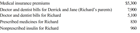 <strong>Richard, age 50, is employed as an actuary. For calendar year 2018, he had AGI of $130,000 and paid the following medical expenses: Derrick and Jane would qualify as Richard's dependents except that they file a joint return. Richard's medical insurance policy does not cover them. Richard filed a claim for $4,800 of his own expenses with his insurance company in November 2018 and received the reimbursement in January 2019. What is Richard's maximum allowable medical expense deduction for 2018?</strong> A) $0 B) $7,090 C) $10,340 D) $20,090 E) None of the above