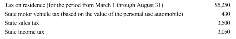 <strong>Nancy paid the following taxes during the year: Nancy sold her personal residence on June 30 of this year under an agreement in which the real estate taxes were not prorated between the buyer and the seller. What amount qualifies as a deduction from AGI for Nancy?</strong> A) $9,180 B) $9,130 C) $7,382 D) $5,382 E) None of the above