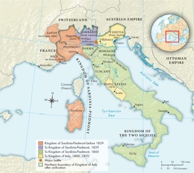<strong>According to Map 23.1: The Unification of Italy, 1859-1870, which areas did Italy gain in 1866? </strong> A)Venetia and Lombardy B)Savoy and Nice C)The Kingdom of the Two Sicilies and the Papal States D)Venetia and the Papal States