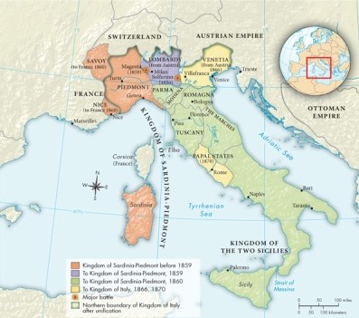 <strong>According to Map 23.1: The Unification of Italy, 1859-1870, what areas did Sardinia-Piedmont lose in 1860? </strong> A)Savoy and Nice B)Sicily, Tuscany, and Romagna C)Venetia D)Lombardy