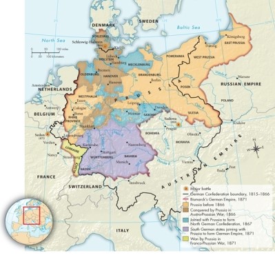 <strong>Based on Map 23.2: The Unification of Germany, 1864-1871, which new areas were added to the German Empire in 1871? </strong> A)Schleswig and Holstein B)Alsace and Lorraine C)Saxony and Mecklenburg D)Bavaria and Baden