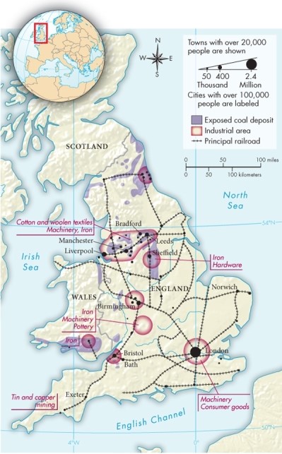 <strong>On Map 20.1: The Industrial Revolution in England, ca. 1850, what appears to be the largest industrial area? </strong> A)London B)The area surrounding Manchester and Liverpool C)The area surrounding Sheffield D)The area surrounding Bristol