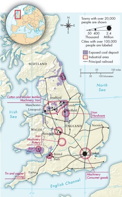 <strong>Based on Map 20.1: The Industrial Revolution in England, ca. 1850, what appears to be the most important components of the Industrial Revolution other than coal mining? </strong> A)Pottery, iron, and machinery B)Machinery and consumer goods C)Machinery, hardware, and iron D)Textiles, iron, and machinery