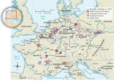 <strong>Based on Map 20.2: Continental Industrialization, ca. 1850, where are the most important emerging industrial areas in France located? </strong> A)Bordeaux, Nantes, Mulhouse B)Le Havre, Rouen, Paris C)Lille, Paris, Nantes D)Paris, Lyons, Lille