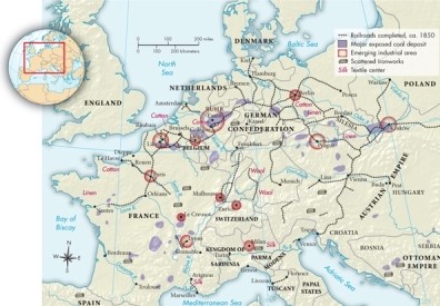 <strong>Based on Map 20.2: Continental Industrialization, ca. 1850, where is the largest emerging industrial area located? </strong> A)The Ruhr B)Prague C)Berlin D)Paris