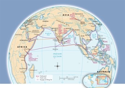 <strong>Based on Map 14.1: The Fifteenth-Century Afroeurasian Trading World, Afroeurasian trade during this period was centered on what body of water? </strong> A)The Pacific Ocean B)The Mediterranean Sea C)The Atlantic Ocean D)The Indian Ocean