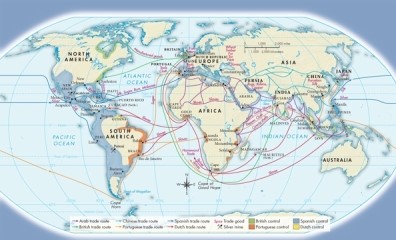 <strong>According to Map 14.3: Seaborne Trading Empires in the Sixteenth and Seventeenth Centuries, what nations dominated the global sea trade routes during this period? </strong> A)South Asian nations B)Slavic eastern European nations C)Mediterranean European nations D)Atlantic coastal European nations