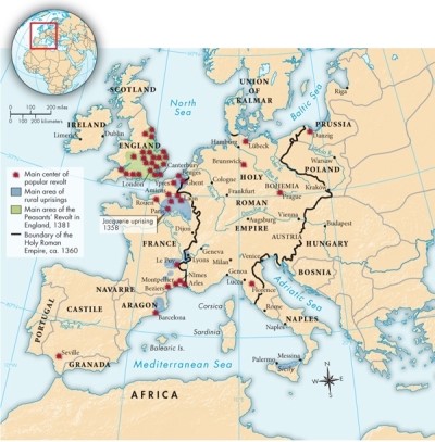 <strong>According to Map 11.3: Fourteenth-Century Revolts, where was the largest number of popular revolts during this period? </strong> A)England and France B)Spain and Portugal C)Scotland and Ireland D)Hungary and Poland