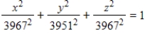 <strong>Because of the forces caused by its rotation,a planet is actually an oblate ellipsoid rather than a sphere.The equatorial radius is 3967 miles and the polar radius is 3951 miles.Find an equation of the ellipsoid.Assume that the center of a planet is at the origin and the xy- trace corresponds to the equator. </strong> A) B) C) D) E)
