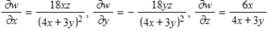 <strong>Find the first partial derivatives with respect to x,y,and z. </strong> A) B) C) D) E) 