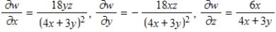 <strong>Find the first partial derivatives with respect to x,y,and z. </strong> A) B) C) D) E) 