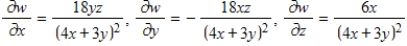 <strong>Find the first partial derivatives with respect to x,y,and z. </strong> A) B) C) D) E) 