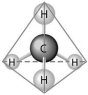 <strong>  What causes the shape of the molecule shown above?</strong> A)the configuration of the 2 p orbitals in the carbon atom B)the configuration of the 1 s orbital in the carbon atom C)the configuration of the sp hybrid orbitals of the electrons shared between the carbon and hydrogen atoms D)the packing of the carbon and hydrogen atoms in a crystal lattice E)hydrogen bonding configurations between the carbon and hydrogen atoms <div style=padding-top: 35px> 