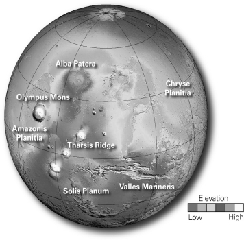 Below is a digital elevation model of Mars.What process is responsible for creating the Valles Marineris?