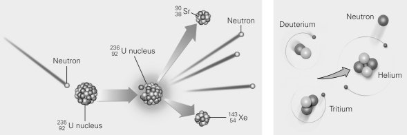 The images below show two different nuclear reactions.The left image shows ________ while the right image shows ________.