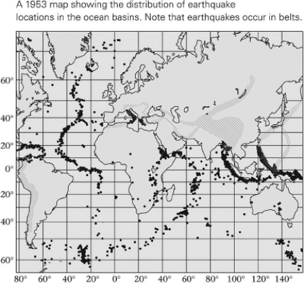 The map below depicts earthquakes,which primarily coincide with areas where ________.