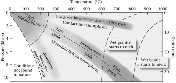 <strong>Consult the figure below.Compared with low-grade metamorphic rocks,high-grade rocks ________. </strong> A)always contain more quartz and feldspar B)are produced close to the surface but high in the stratigraphic column C)are produced at greater temperatures and pressures D)are produced at cooler temperatures but greater pressures