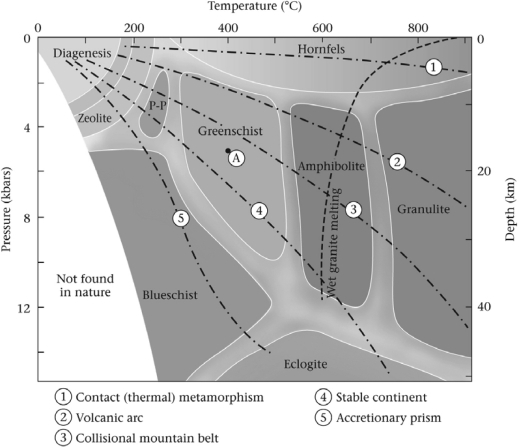 <strong>Consult the figure below.Compared with amphibolite metamorphic facies,greenschist facies ________. </strong> A)consist of lower-grade rocks B)consist of higher-grade rocks C)involve partially melted rocks D)have the same grade but a different chemistry due to different protoliths
